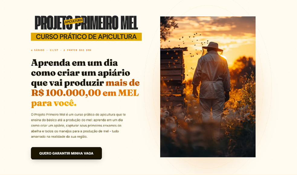 Landing page do curso Projeto Primeiro Mel, da Escola de Apicultura